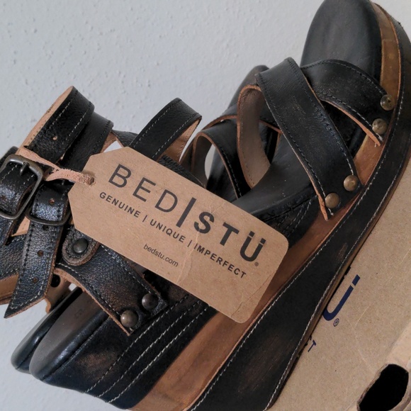 BedStu Juliana Black Leather Platform Wedge Sandals sz 11 New w Box - Picture 10 of 12